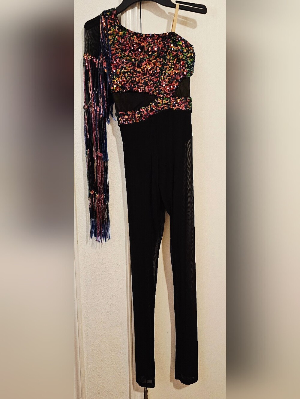 Black One-Shoulder Sequin Jumpsuit with Multicolor Embellishment